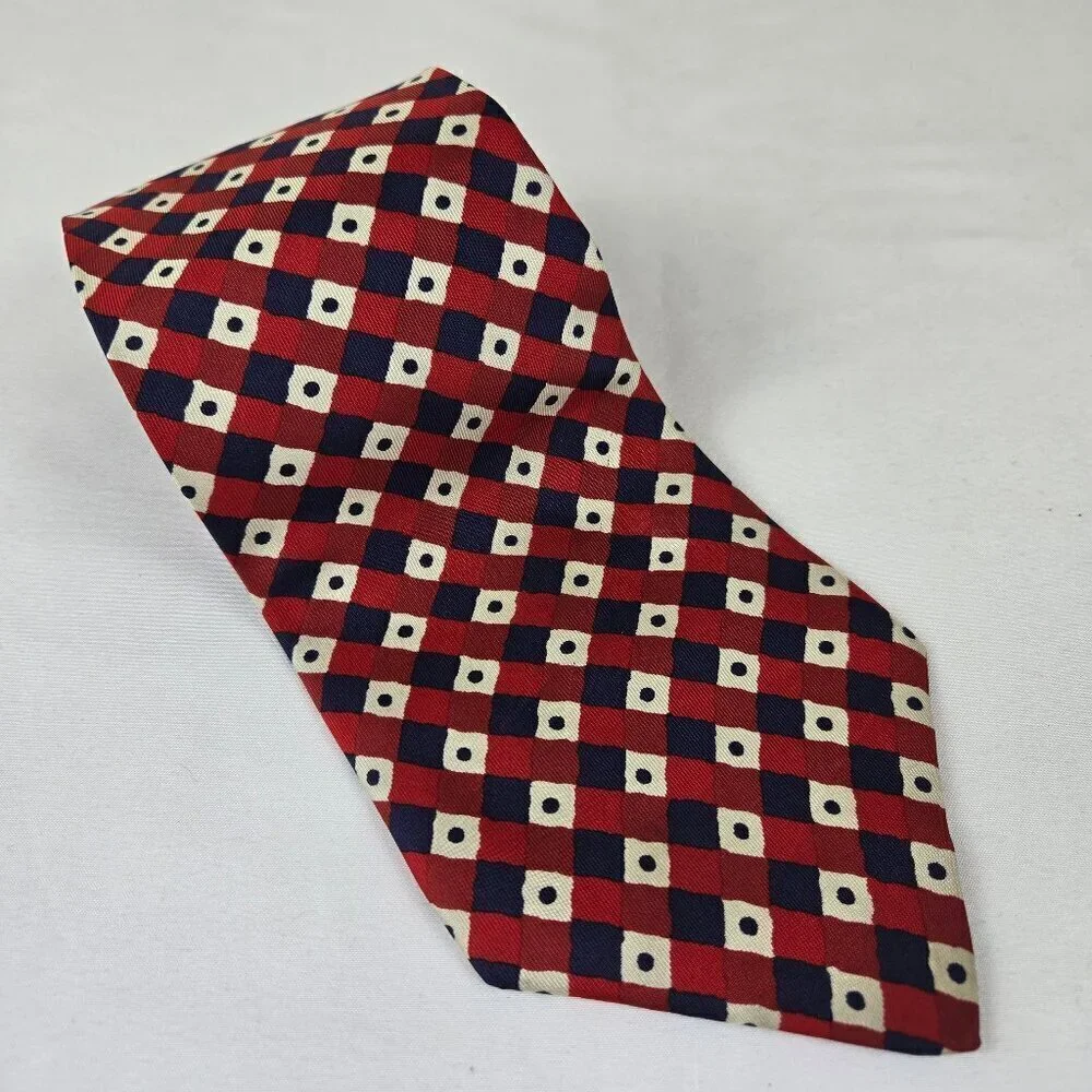 Liberty of London 100% Silk Men's Tie red Blue Cream Diamonds and Polka Dots